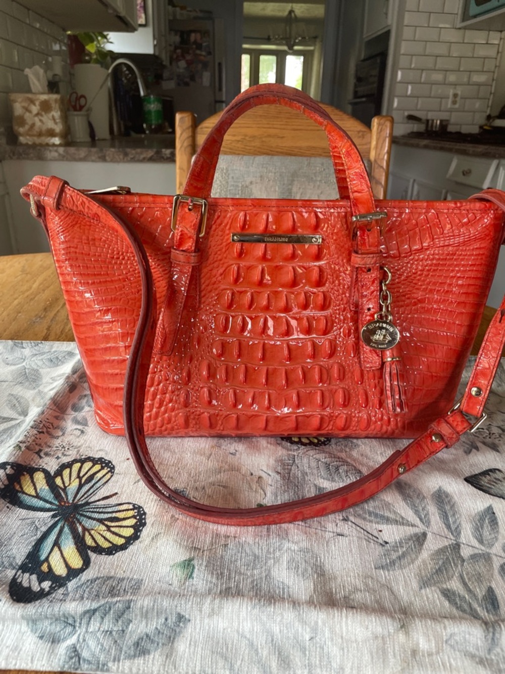 Brahmin Orange Croc-Embossed Leather Satchel with Detachable Strap